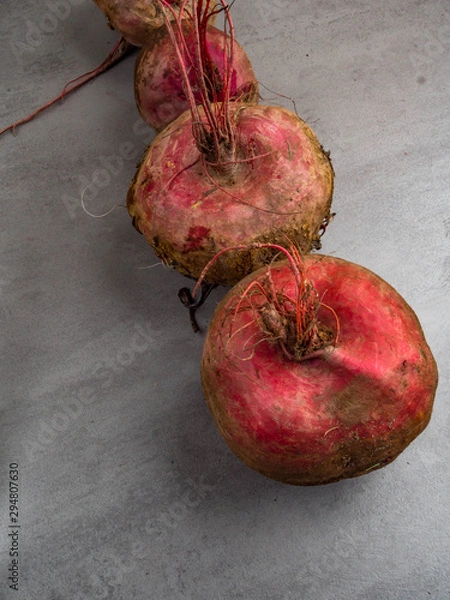 Fototapeta Beet, beetroot bunch on grey stone background. Copy space. Top view.