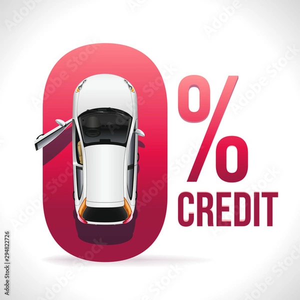 Obraz White car with an open driver’s door in the form of a zero rate on a car loan. Vector blank on a white background top view.