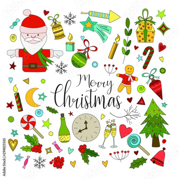 Obraz Hand drawn set with doodle Christmas elements.  Vector illustration.