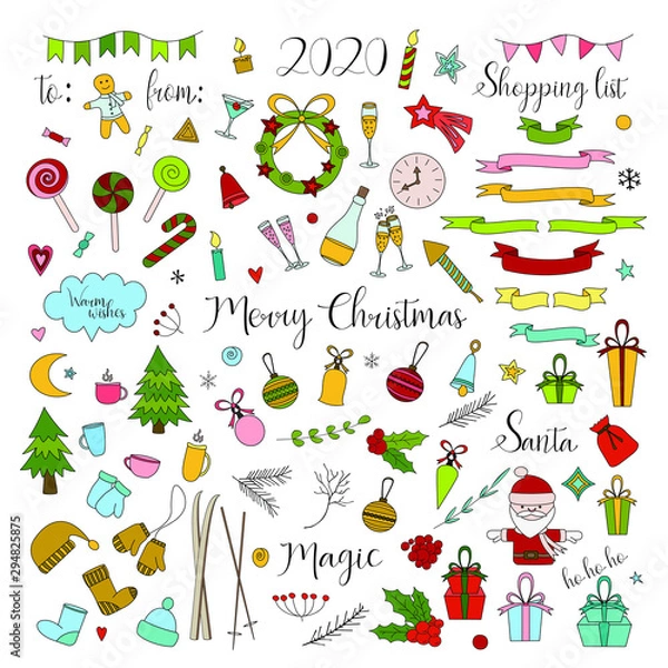 Obraz Hand drawn set with doodle Christmas elements.  Vector illustration.