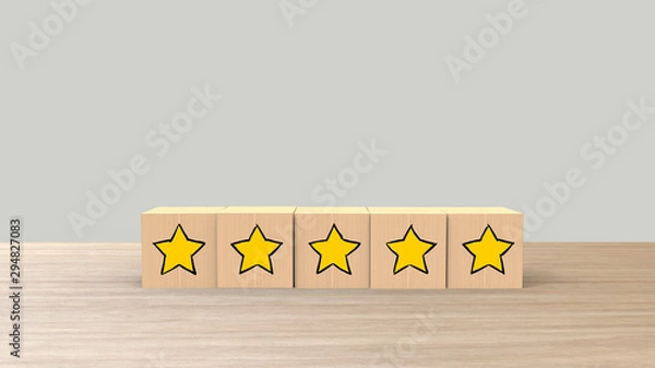 Fototapeta Five Star Cartoon Sketch Style on Wooden cube review on white background. Service rating, satisfaction concept. reviews and comments google maps, tripadvisor, facebook. online evaluations.	