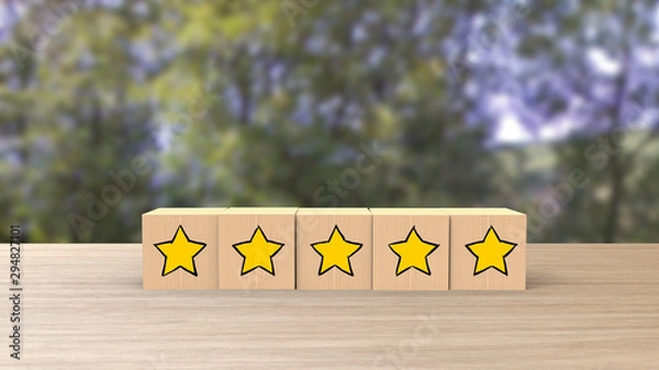 Fototapeta Five Star Cartoon Sketch Style on Wooden cube review blur trees background. Service rating, satisfaction concept. reviews and comments google maps, tripadvisor, facebook. online evaluations.	