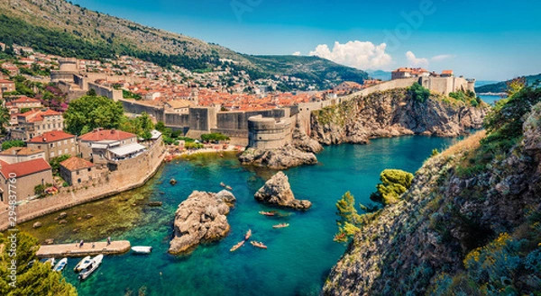 Fototapeta Picturesque morning view of famous Fort Bokar in city of Dubrovnik. Panoramic summer scene of Croatia, Europe. Beautiful world of Mediterranean countries. Architecture traveling background.