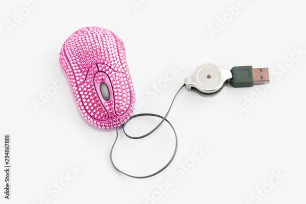 Fototapeta computer mouse, pink optical manipulator with decorative rhinestones
