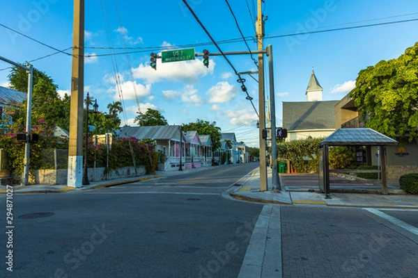 Obraz View of one of streets of Key West. Old houses and big green trees on blue sky background. Key West. Florida. USA. 