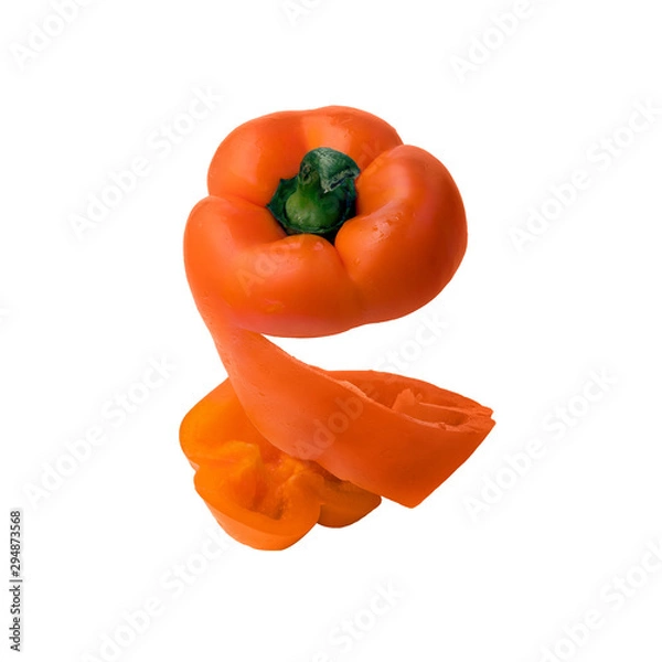 Obraz Spiral pepper. Tape sliced paprika isolated on white background.
