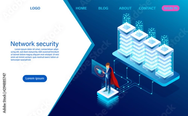 Fototapeta Network data security concept. data processing protection. digital information. flat isometric vector illustration