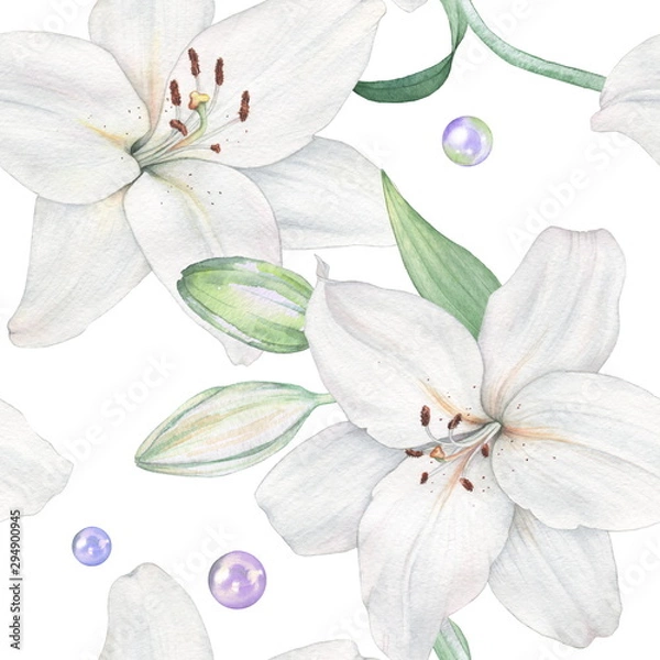 Obraz White lily 1. Watercolor painting. Seamless pattern. Decorative element suitable for Wallpaper, wrapping paper and backgrounds
