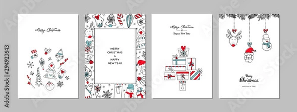 Fototapeta Merry Christmas cards set with hand drawn elements. Doodles and sketches vector Christmas illustrations, DIN A6.