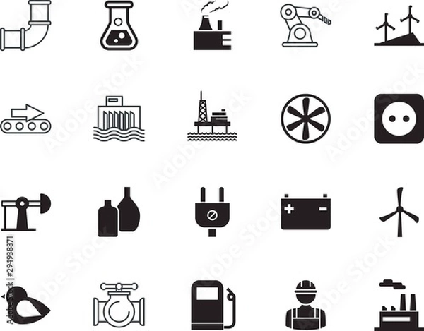 Fototapeta factory vector icon set such as: infographic, robotic, bird, healthy, erlenmeyer, dam, medicine, ocean, benzine, device, center, wing, working, pixel, diesel, conveyor, battery, supervisor, pumpjack