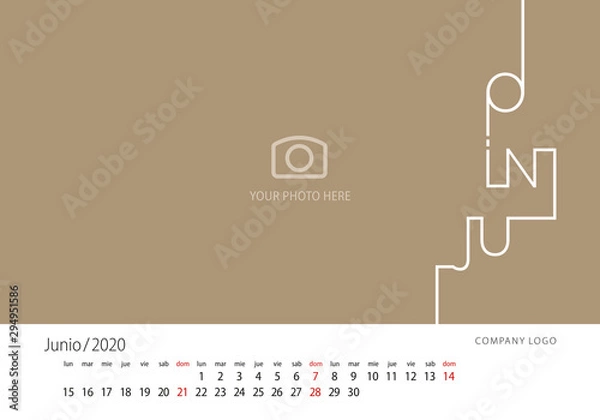Fototapeta 2020 New Desk Calendar Spanish language June line design template gold background