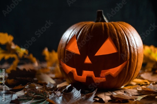 Obraz halloween carving pumpkin on a leafs. shining Jack-o'-lantern.