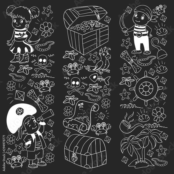 Fototapeta Vector set with pirate elements for birthday party for little children. Kids pattern with octopus, beach, treasure chest, ship