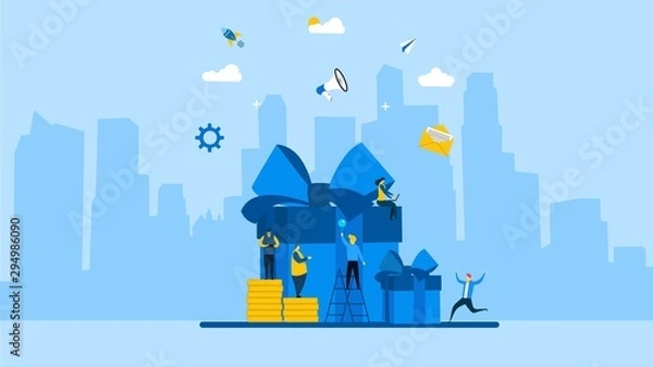 Fototapeta website or landing page of online reward , Group of people receive a gift box vector illustration concept