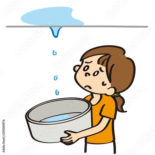 Fototapeta 天井からの水漏れを金だらいで受け止める女性