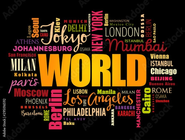 Fototapeta WORLD word cloud concept made with words cities names, business concept background