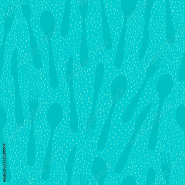 Fototapeta Seamless background of disorganized forks, knives and spoons. Irregular dots background. Easy to edit colors in Illustrator.