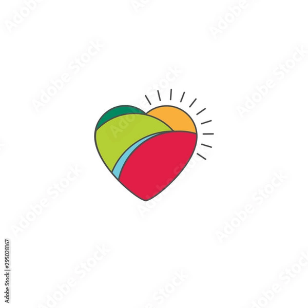 Fototapeta Countryside in shape of heart. Sun with hills and river. Love of landscape. Logo or icon vector design template