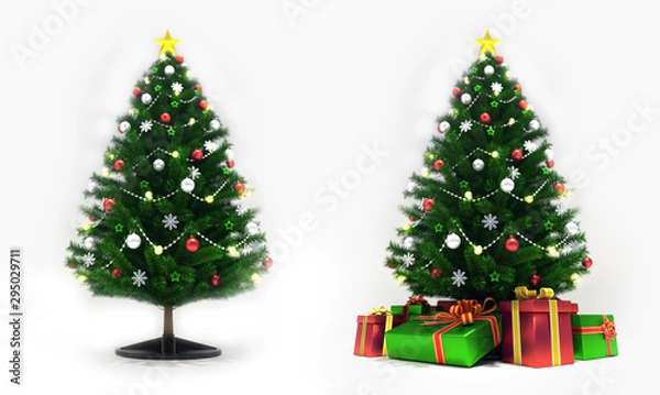 Fototapeta Decorated xmas trees isolated on white, front view, christmas holiday 3D illustration background