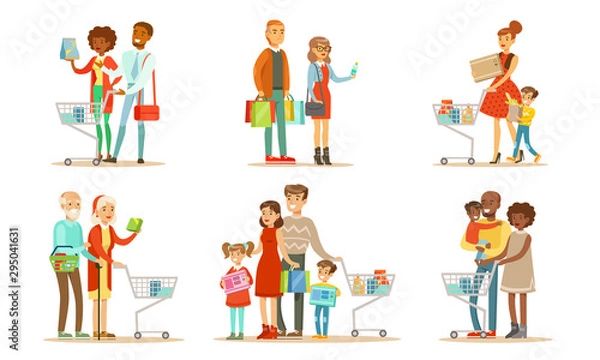 Fototapeta People Carrying Shopping Bags and Pushing Carts with Purchases Set, Family Couples and Parents with Kids Buying Groceries and Taking Part in Seasonal Sale at Store Vector Illustration