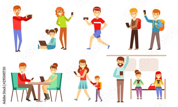 Fototapeta People Looking in Gadgets Screen Set, Smiling Men, Women and Kids Using Hi Tech Technologies, Smartphones, Pad, Laptop Vector Illustration