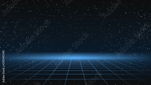 Obraz Tło synthwave. Ciemne retro futurystyczne tło z niebieską siatką perspektywy i niebem pełnym gwiazd. Blask horyzontu. Streszczenie szablon Retrowave. Styl Vaporwave z lat 80. Stockowa ilustracja wektorowa