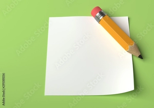 Obraz Blank piece of paper and pencil on a green background. 3D rendering.