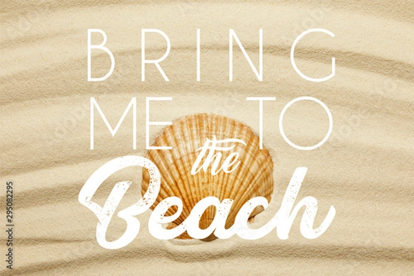 Fototapeta orange seashell on curve sandy beach in summertime with bring me to the beach illustration
