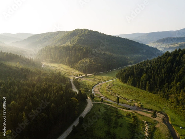 Obraz Road through mountains and forest captured from above