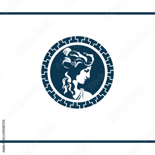 Fototapeta Greek goddess in antique decorative frame. Portrait in circle frame. Vector logo design template. Antique coin