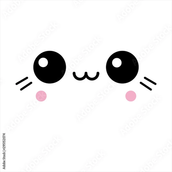 Fototapeta Vector illustration of a cute kawaii anime happy cat face with pink cheeks and whiskers.