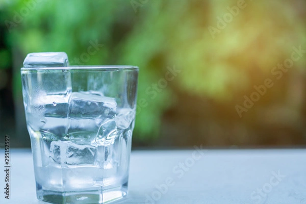 Fototapeta Glass with ice put on table green background of nature with copy space.
