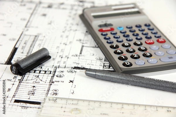 Obraz Bauplan Hausbau mit Taschenrechner