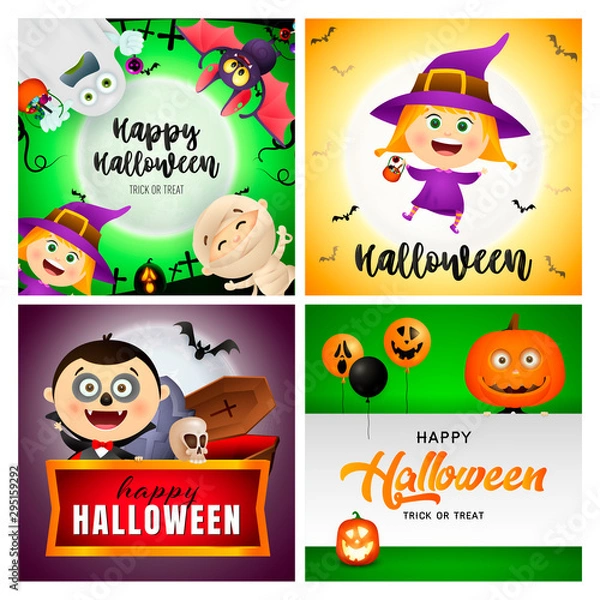 Fototapeta Happy Halloween green, violet banner set with vampire, witch. Halloween, October, trick or treat. Lettering can be used for greeting cards, invitations, announcements