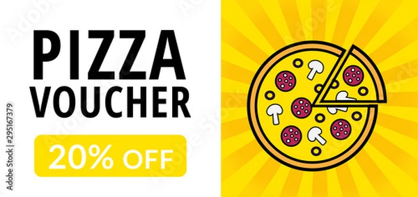 Obraz Bright pizza voucher design. Vector 20% off discount coupon for pizzeria, restaurant, cafe. Tasty pizza on the yellow background with rays of light. Standard size: 210 * 99 mm (8,3*3,4 in)
