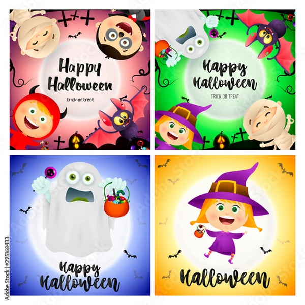 Fototapeta Happy Halloween pink, orange banner set with ghost, mummy, bat. Halloween, October, trick or treat. Lettering can be used for greeting cards, invitations, announcements