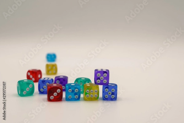 Fototapeta Colorful geometric shapes with number pattern laying on white background. Small square cubes forming wall with blocks. abstract cubes falling down, 4K video 