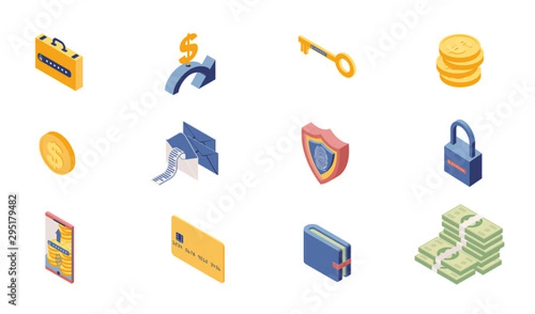 Fototapeta Private account access icons isometric set. Online banking, security system items isolated on white background. Money, safe locks, transactions, information protection 3d illustrations pack