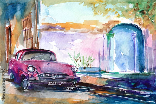 Fototapeta Ręcznie malowany akwarelą widok ulicy  w Hawanie na Kubie