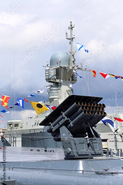Fototapeta Shipboard multiple launch rocket launcher system on the deck of a ship