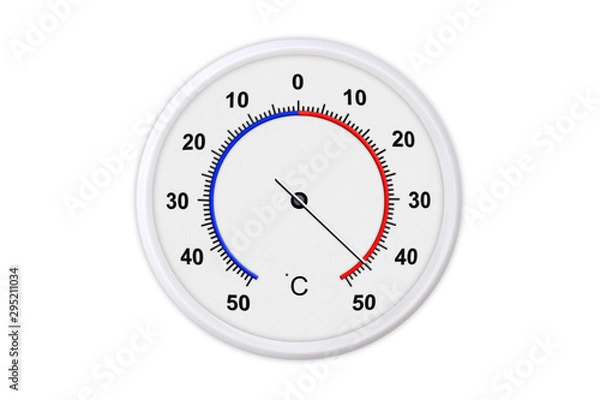 Fototapeta Celsius scale thermometer for measuring weather temperature.  Thermometer isolated on white background. Ambient temperature plus 45 degrees