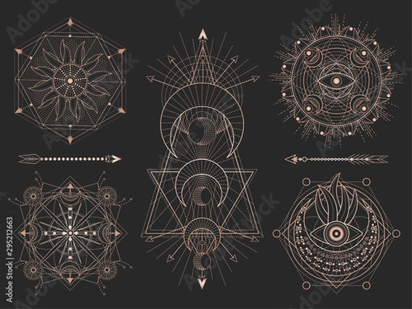 Fototapeta Vector set of Sacred geometric symbols and figures on black background. Abstract mystic signs collection.