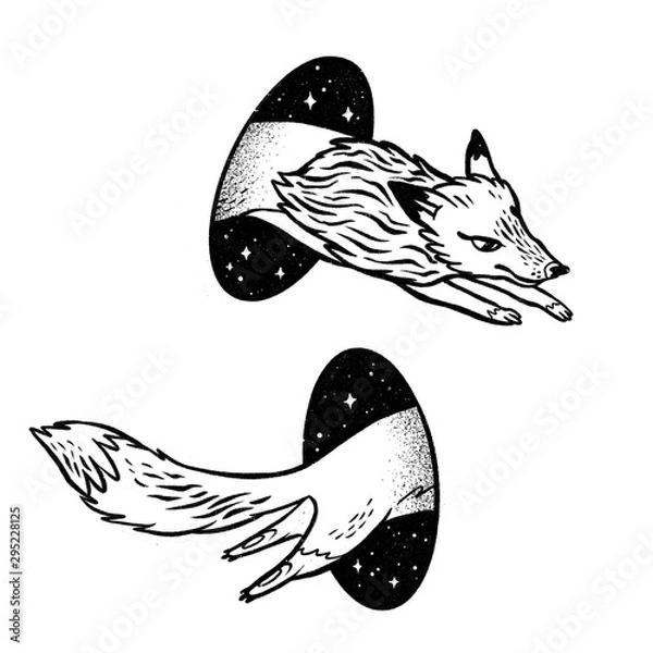 Fototapeta Fox in magic teleport. Linear black and white drawing. Ideal for coloring print