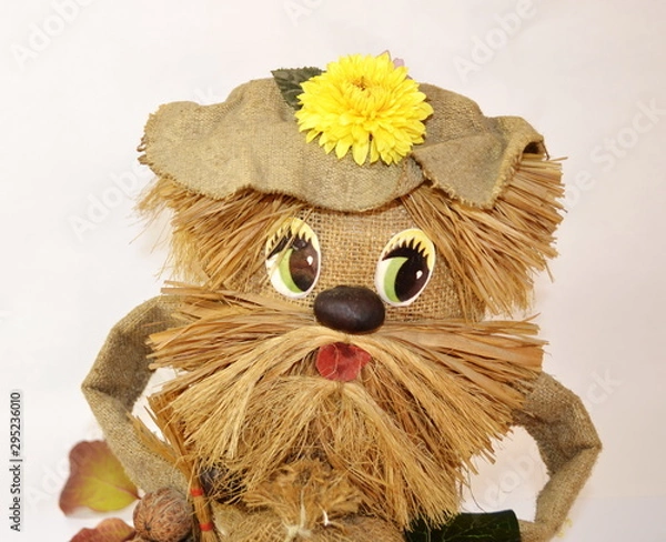 Obraz On a white background portrait of a funny brownie in a hat with a yellow flower.