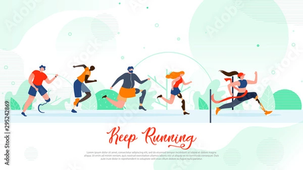 Fototapeta Running People with Disability Flat Vector Banner