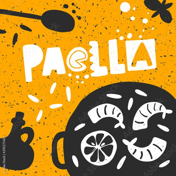 Fototapeta Paella vector hand drawn banner template. Traditional spanish dish sticker with stylized lettering and ink drops. Pan with vegetables and seafood. Restaurant menu, poster design element