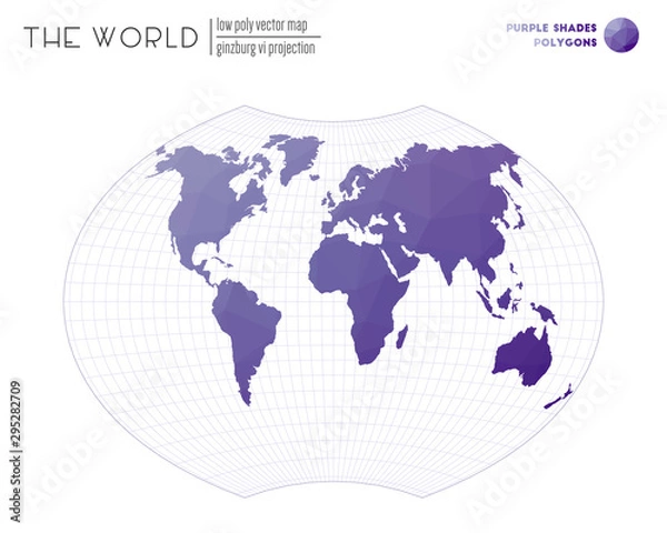 Fototapeta Low poly design of the world. Ginzburg VI projection of the world. Purple shades colored polygons. Trending vector illustration.