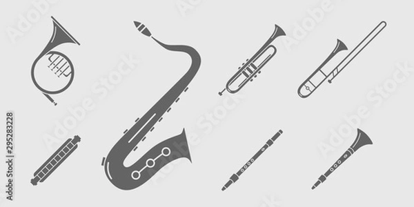 Fototapeta Music instruments Icons set - Vector solid silhouettes of wind instruments, saxophone, sax, tube, mouth organ and flute for the site or interface