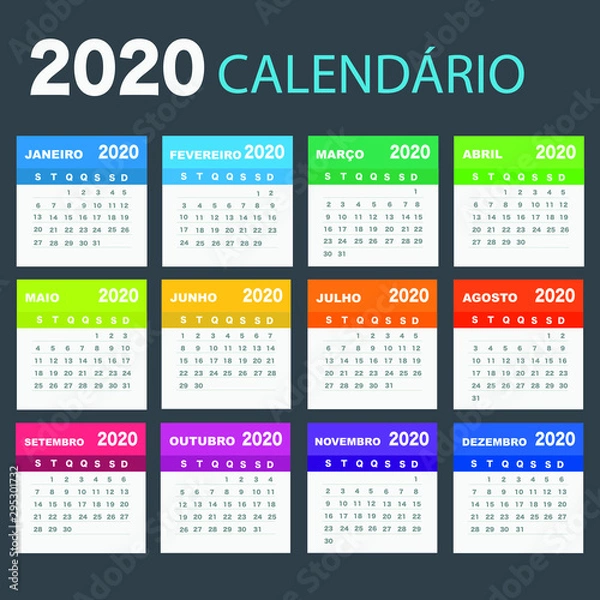 Fototapeta Calendar 2020 in Portuguese language, week starts on Monday. Vector calendar 2020 year.