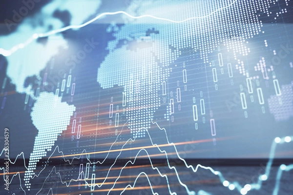 Fototapeta Double exposure of financial chart with world map on empty room interior background. International market concept.